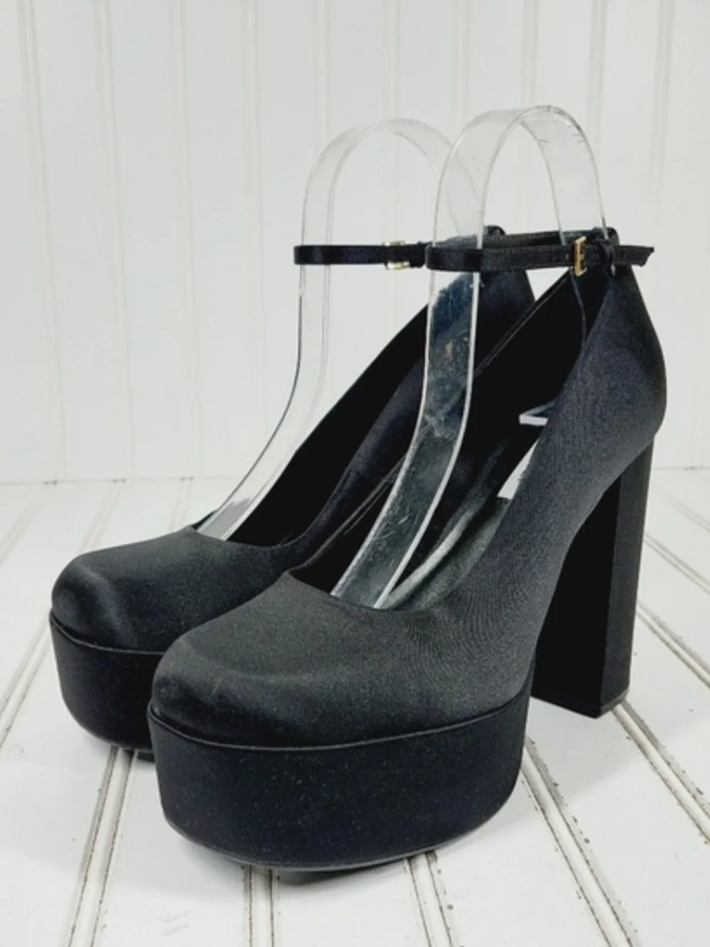 Artem Black Silk Sky High Platform Ankle-Strap Heels. Size 8